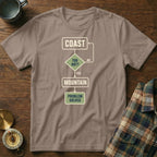 T-shirt with a flowchart graphic: Coast, Too Hot?, Mountain, Problem Solved.