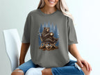 Bear sitting in a camping chair with a mug, in front of pine trees.