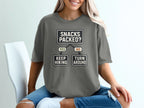 Gray t-shirt with "Snacks Packed?" flowchart graphic: Yes keep hiking, No turn around.