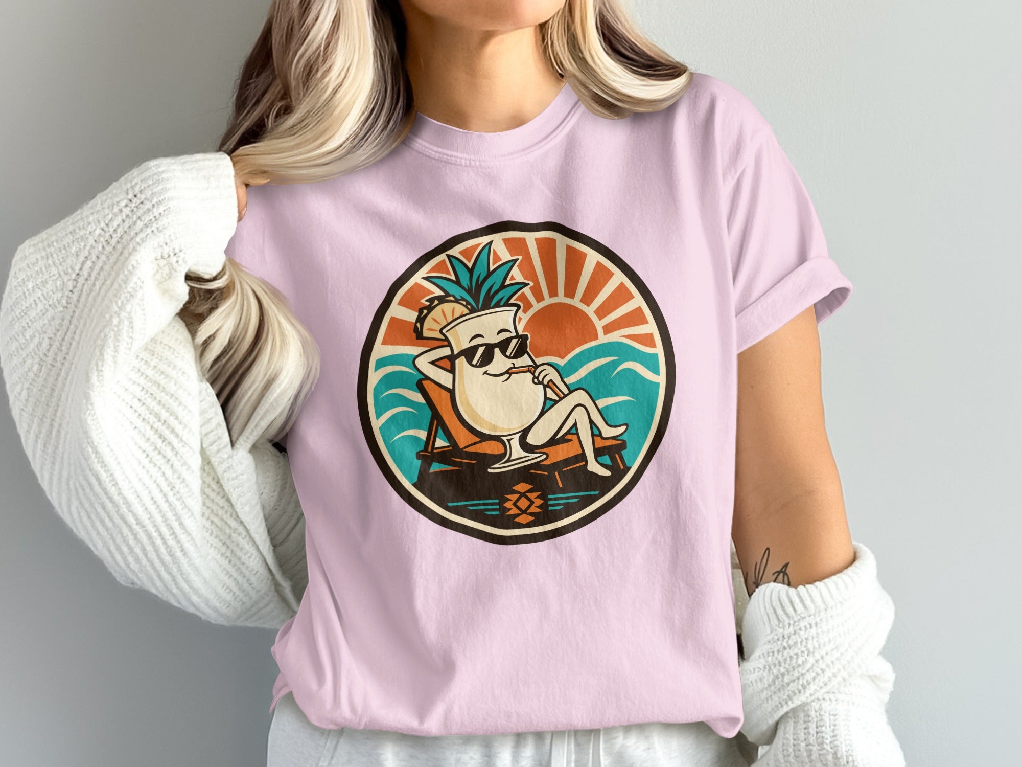 Cartoon glass with pineapple and sunglasses relaxing on a beach lounge chair.