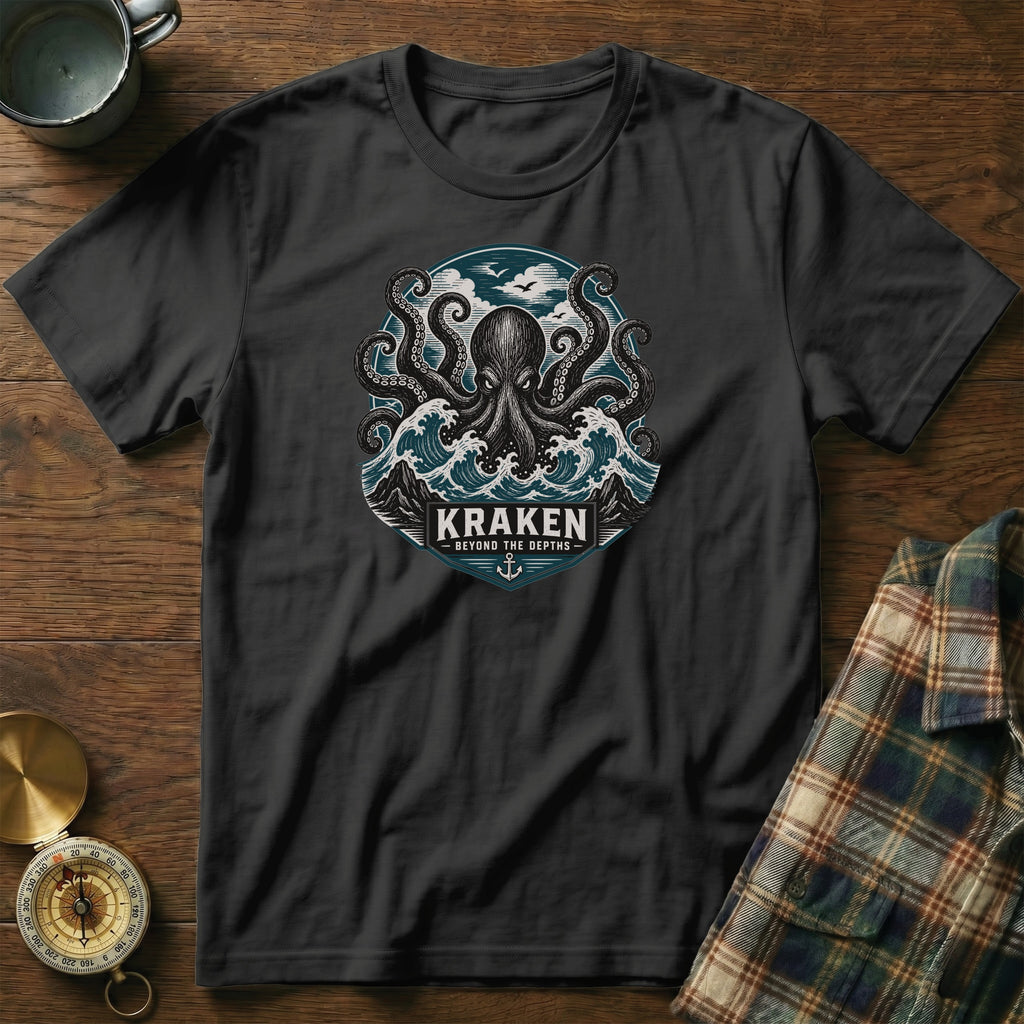 Black t-shirt with Kraken graphic featuring tentacles and waves, text "KRAKEN BEYOND THE DEPTHS".