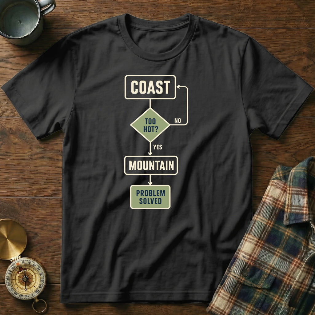Black t-shirt with a flowchart graphic reading: Coast, Too Hot? (Yes/No), Mountain, Problem Solved.