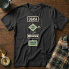 Black t-shirt with a flowchart graphic reading: Coast, Too Hot? (Yes/No), Mountain, Problem Solved.