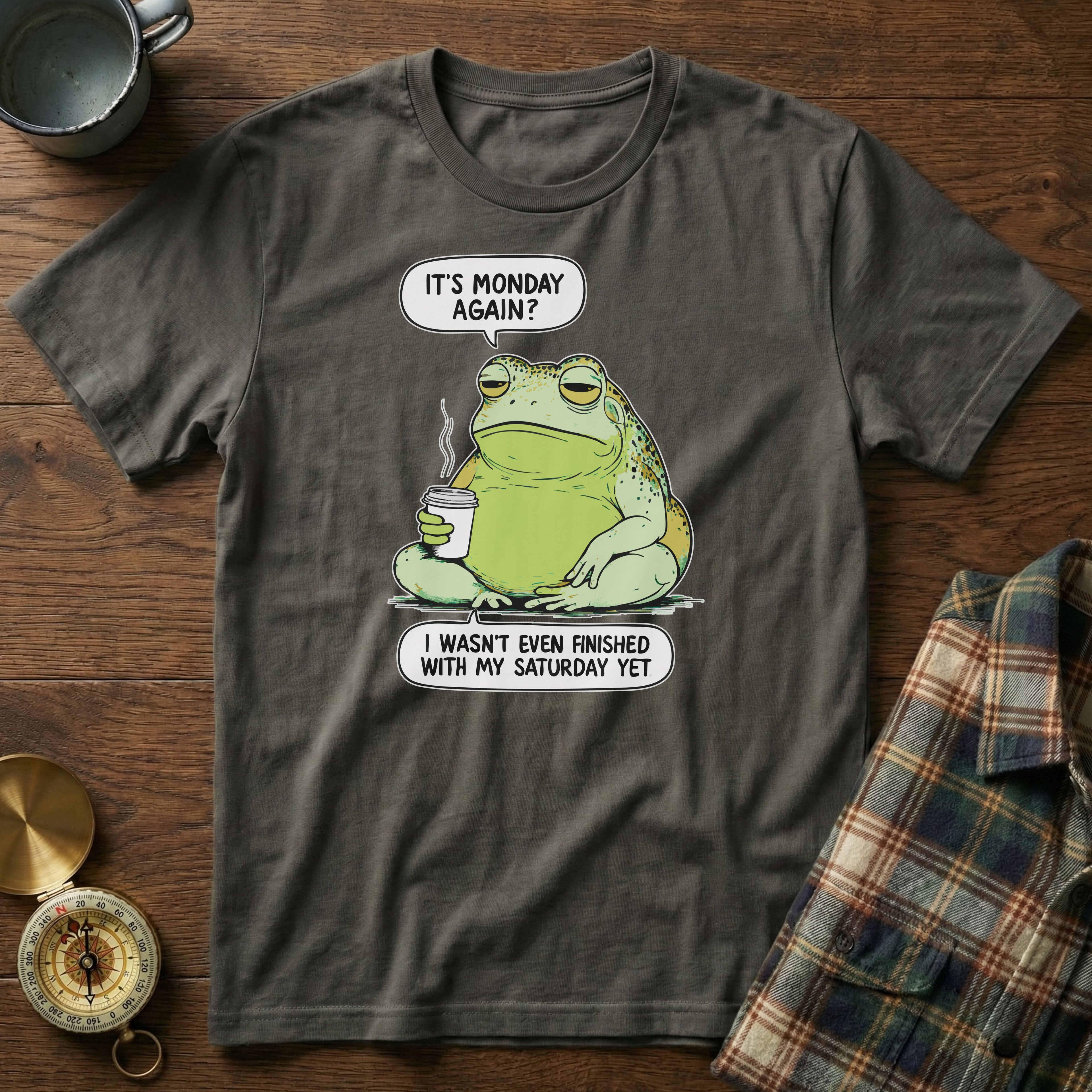 Funny Monday Frog Coffee T-Shirt in Pepper