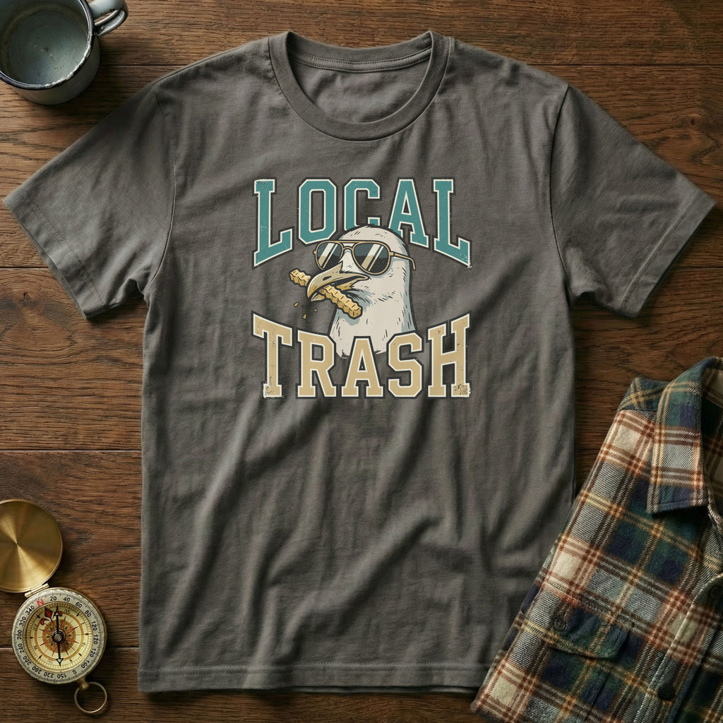 Local Trash Seagull Beach Humor T-shirt in Pepper