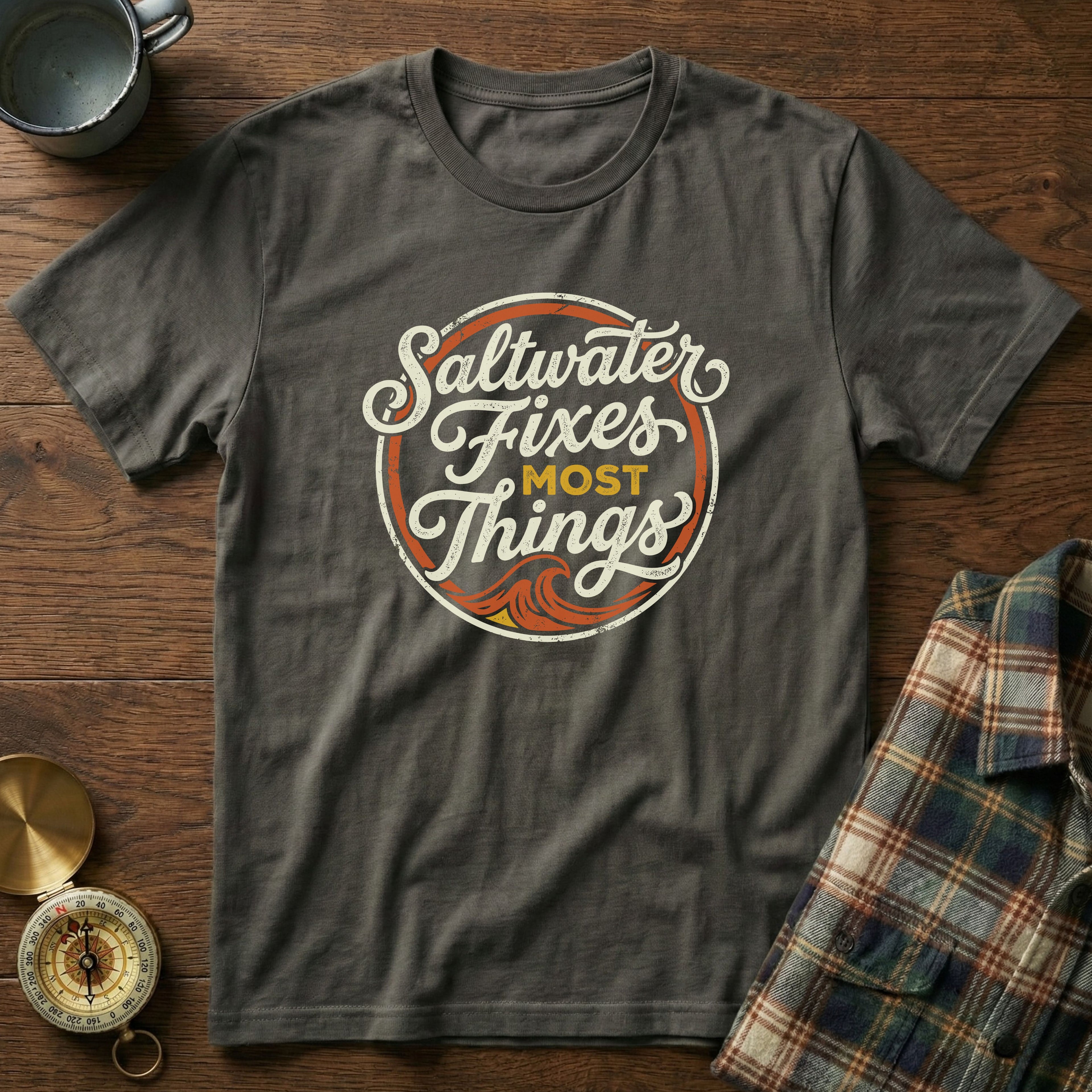 Coastal Retro 'Saltwater' Statement T-Shirt in Pepper
