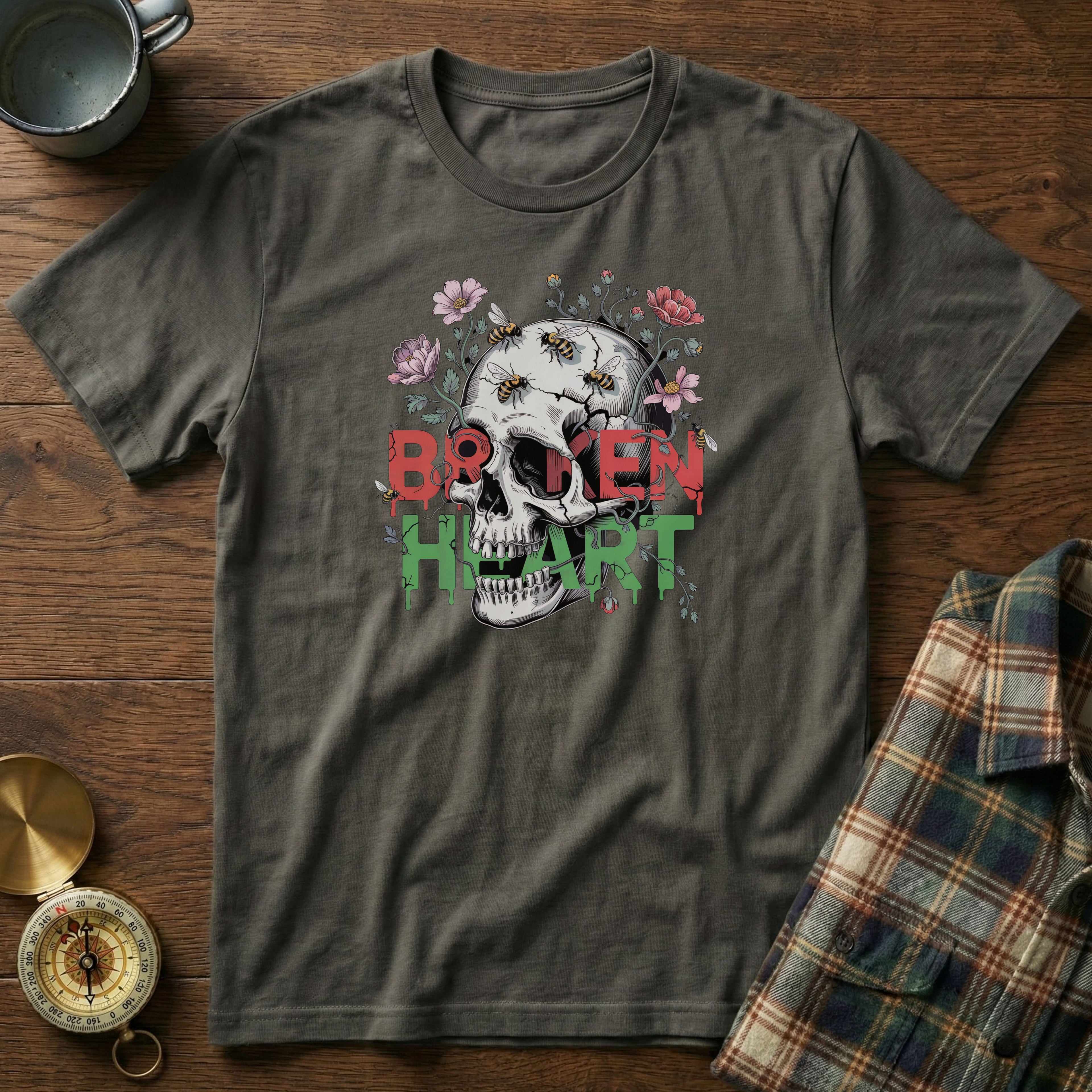 Broken Heart Skull Floral Goth T-Shirt in Pepper