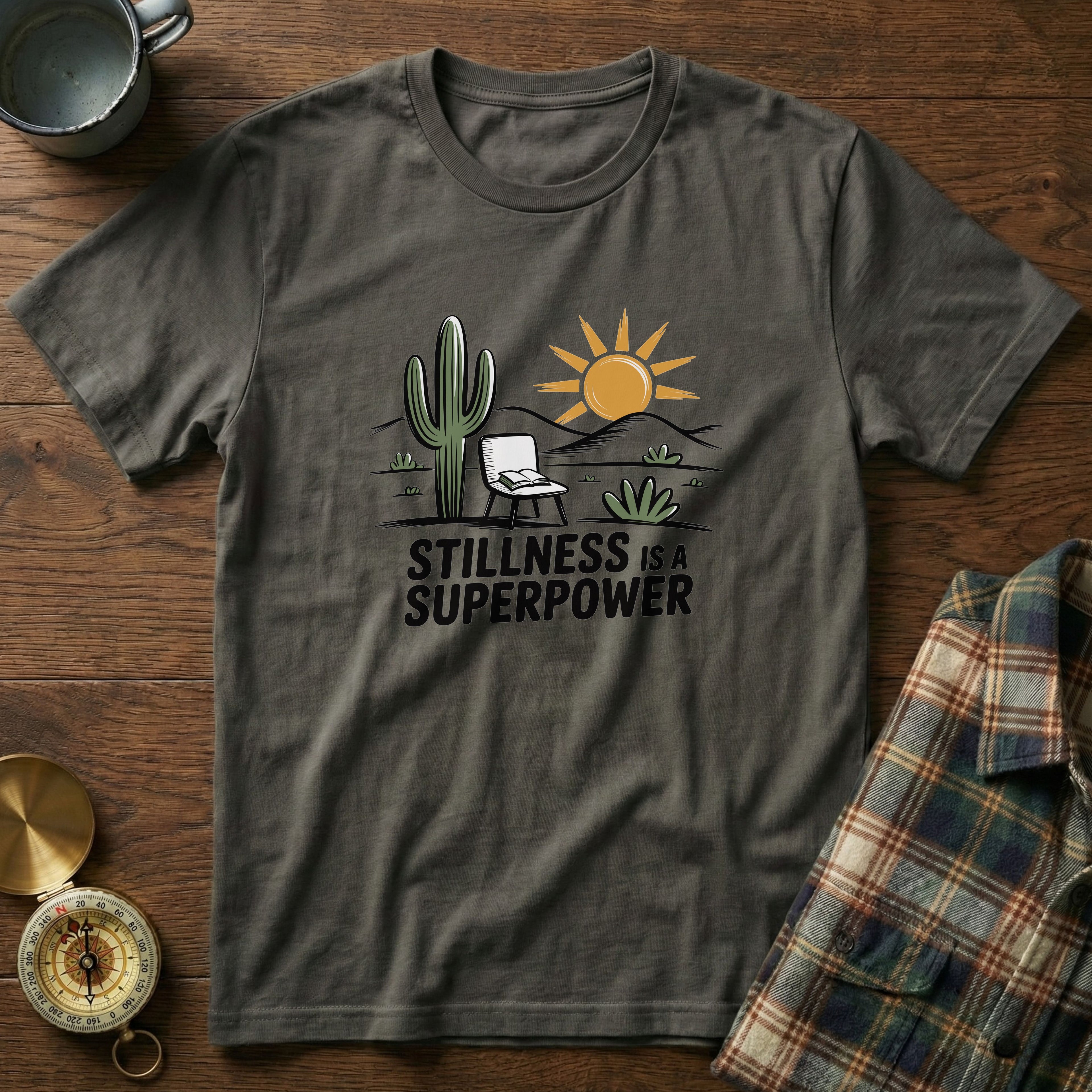 Mindful Cactus & Sun Scene T-Shirt in Pepper