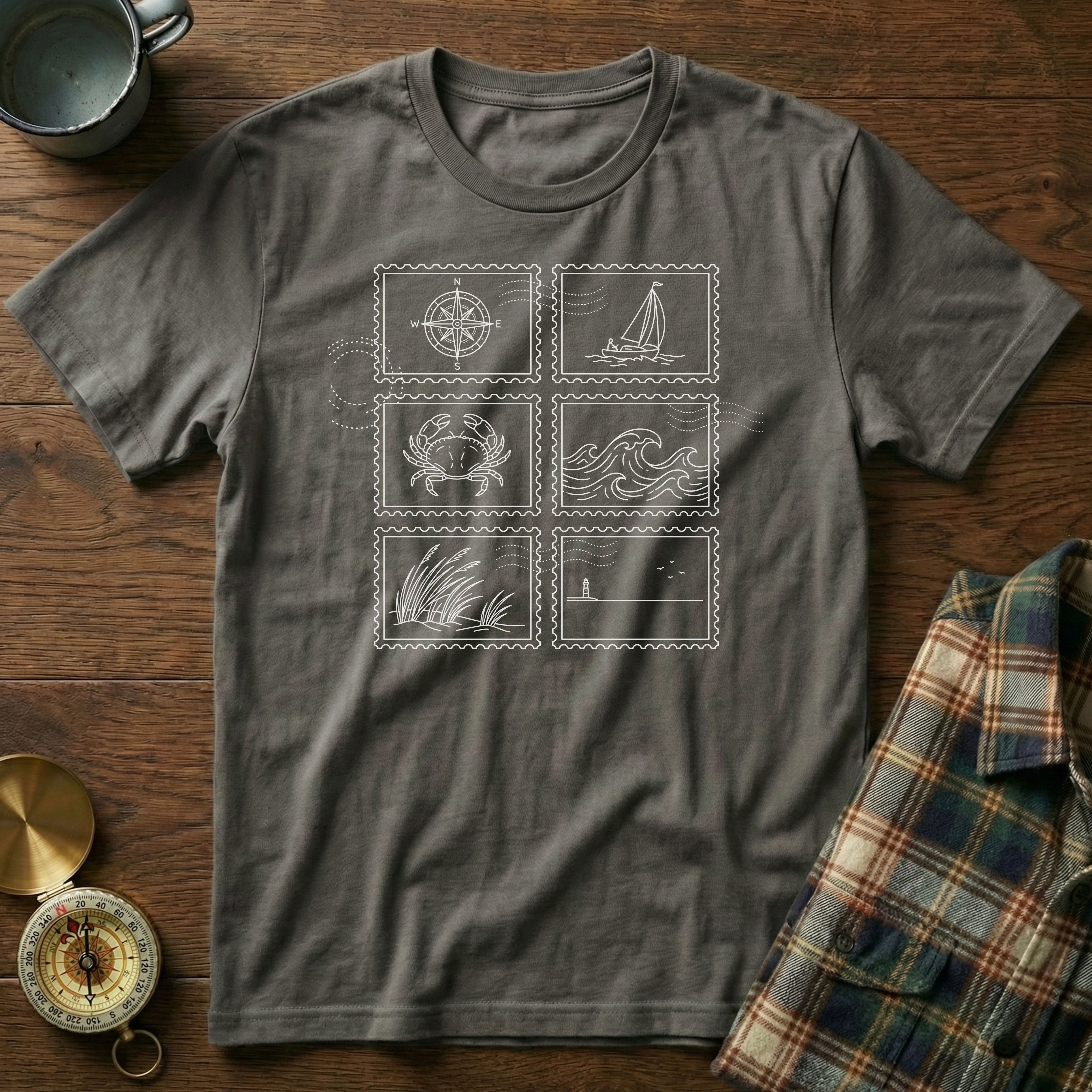 Coastal Wanderer Stamp Collection T-shirt in Pepper