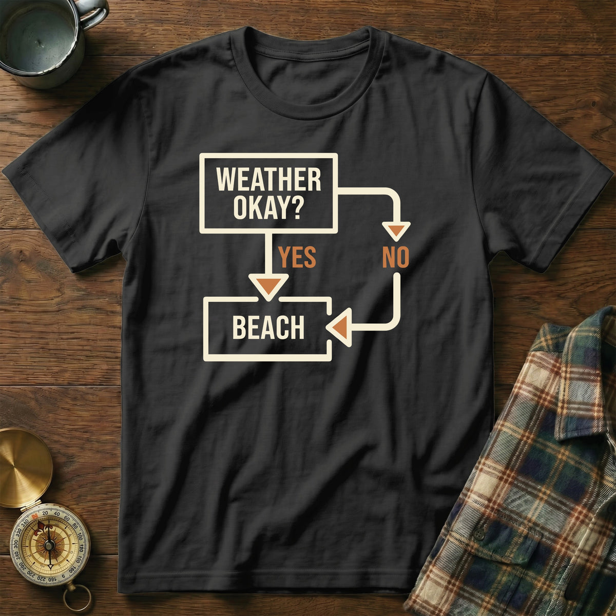 Black t-shirt with "Weather Okay? Yes Beach No" flowchart graphic.