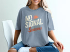Light blue t-shirt with "NO SIGNAL SUNBURNED" text and a sun graphic.