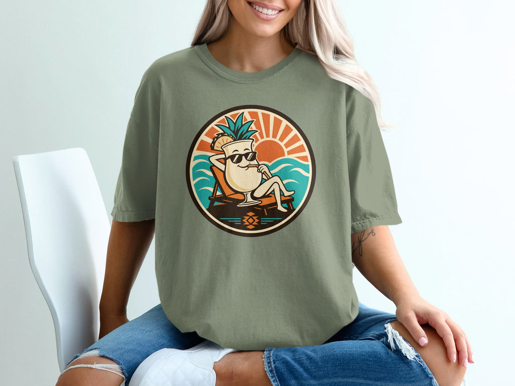 Cartoon cocktail with pineapple on beach chair, sunglasses, and a sunset.