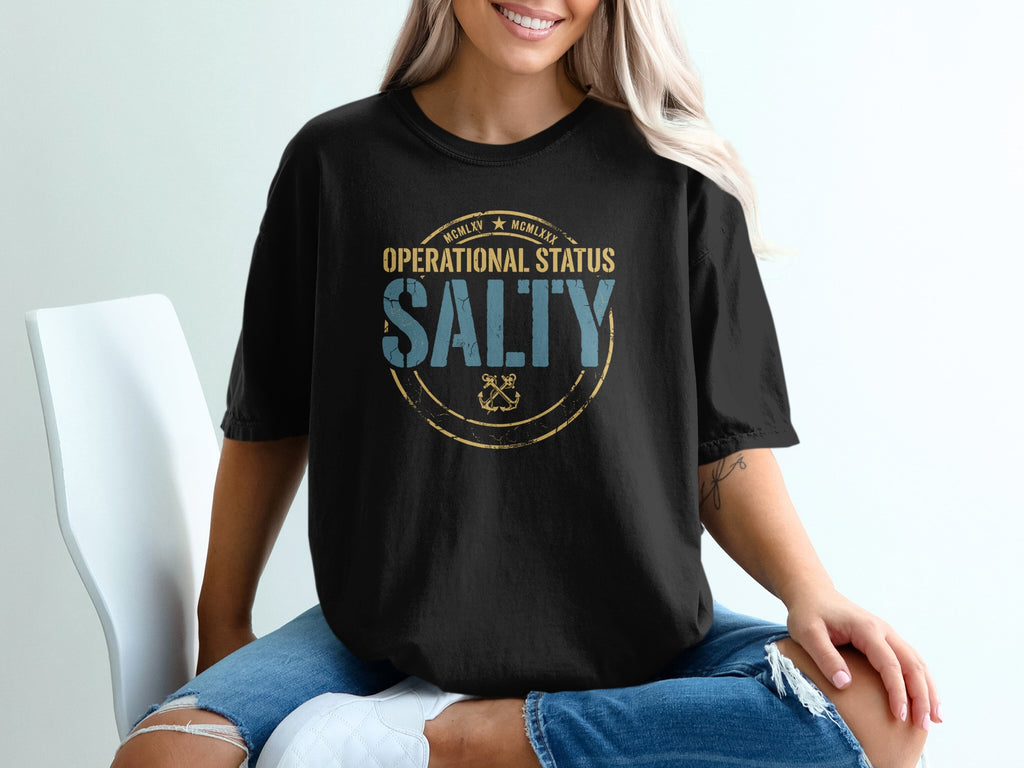 Black t-shirt with "OPERATIONAL STATUS SALTY" text and anchor emblem.