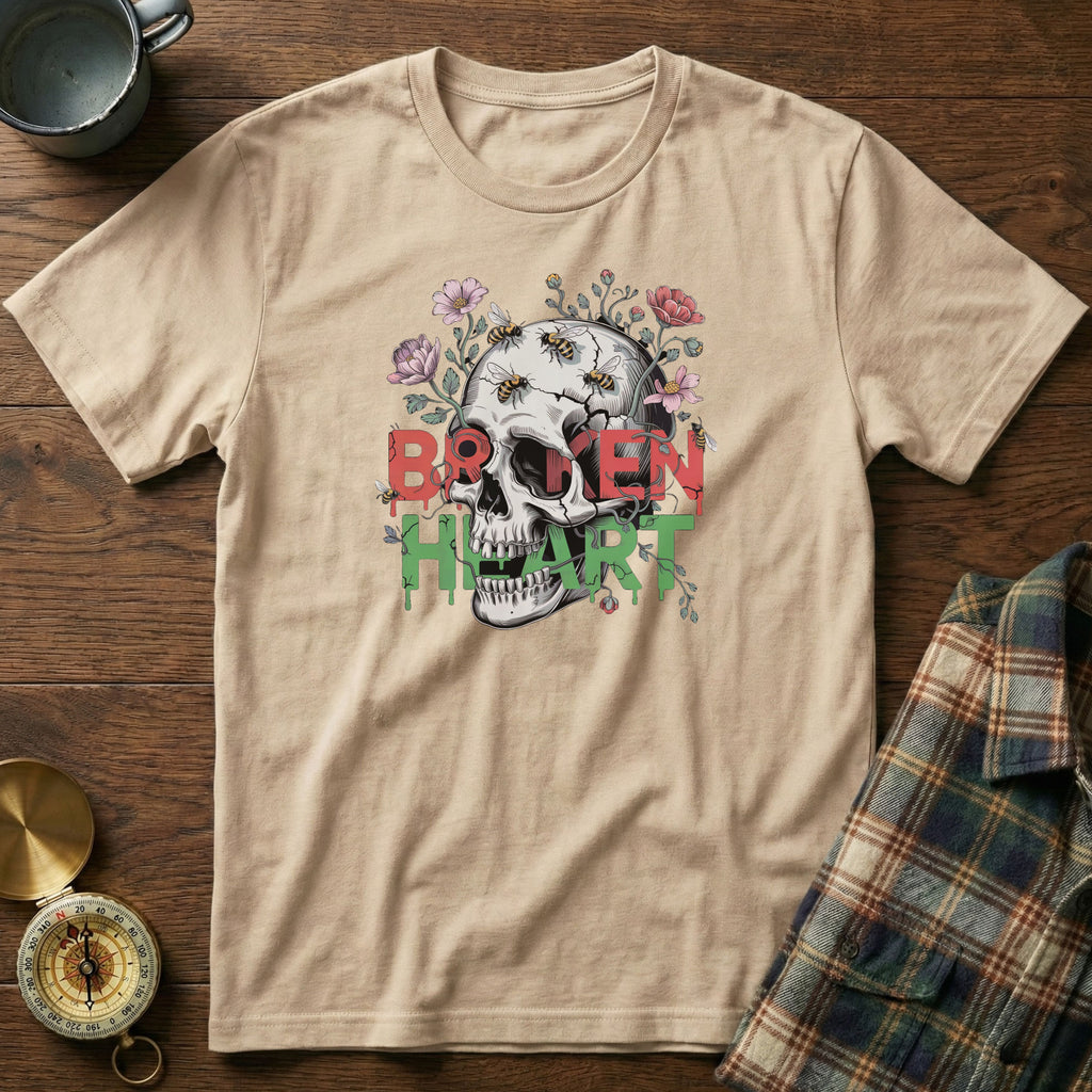 Broken Heart Skull Floral Goth T-Shirt