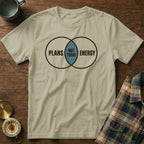 T-shirt with venn diagram graphic: "Plans," "Not Today," and "Energy" text.