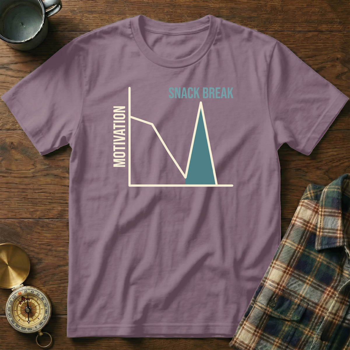 Purple t-shirt with a graph showing motivation dropping then rising for "Snack Break".