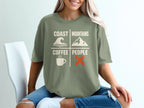 Olive green t-shirt with text and icons: Coast, Mountains, Coffee, People, and an X.