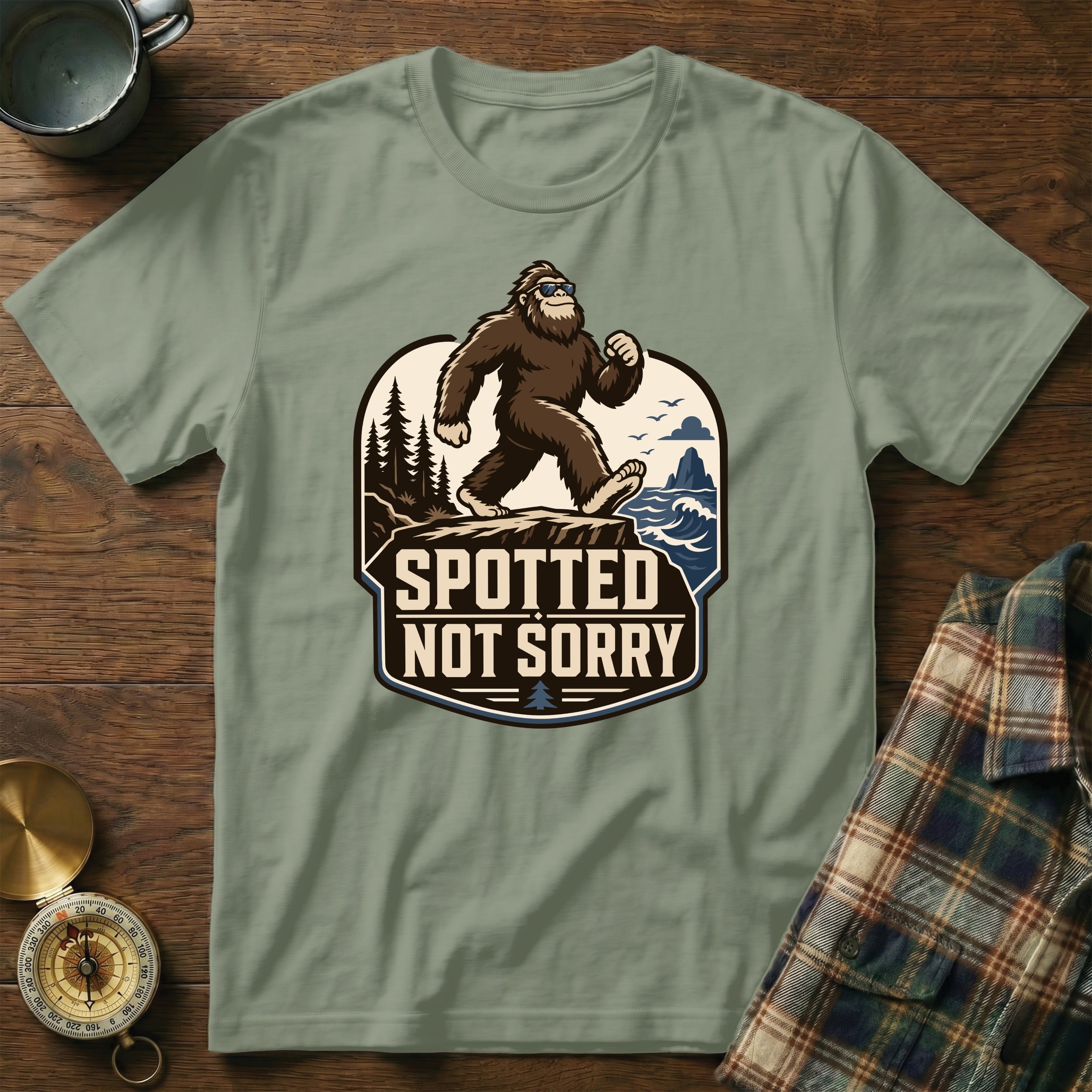 Graphic tee with a walking Bigfoot wearing sunglasses and the text "Spotted Not Sorry".