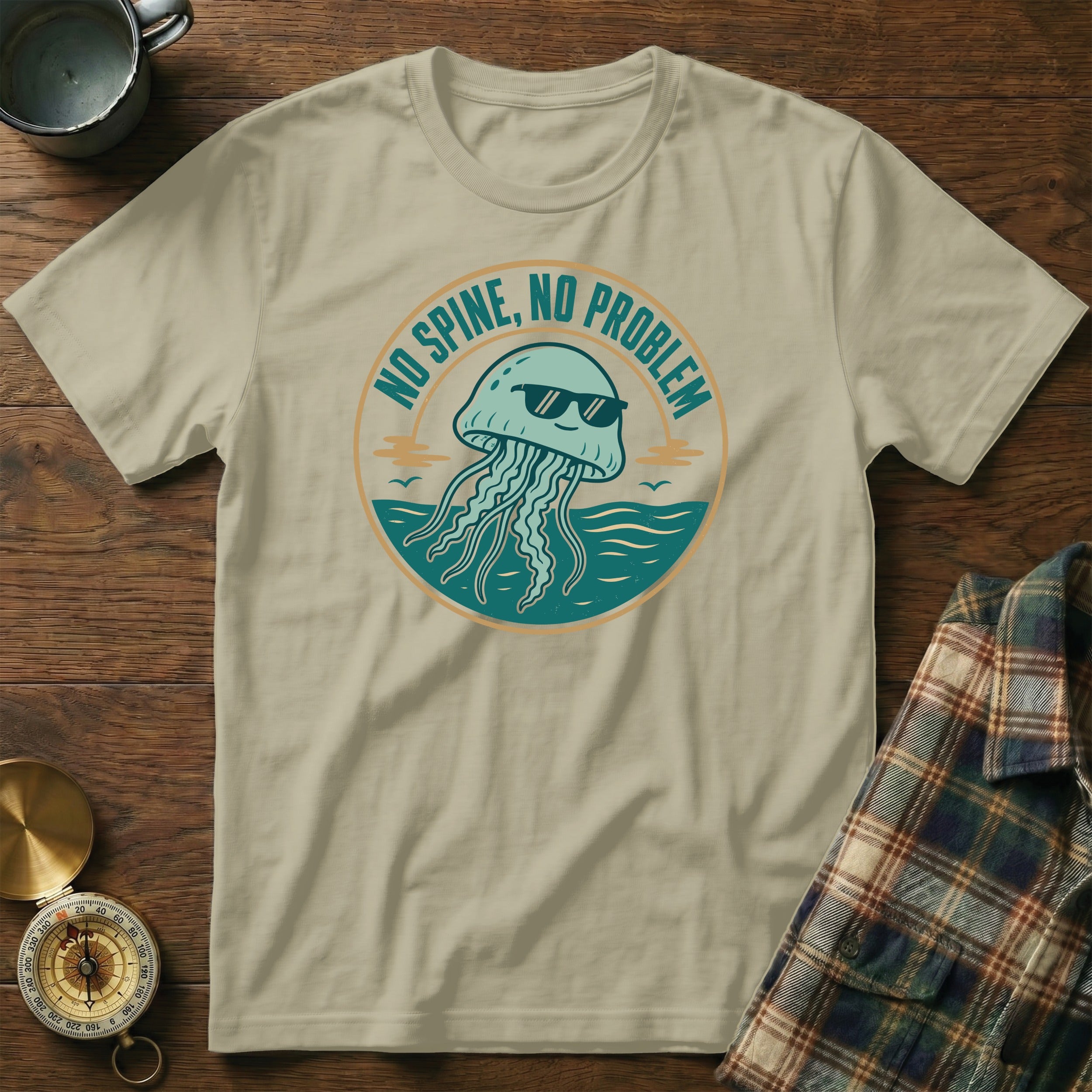 T-shirt with a cartoon jellyfish wearing sunglasses and the text "NO SPINE, NO PROBLEM."