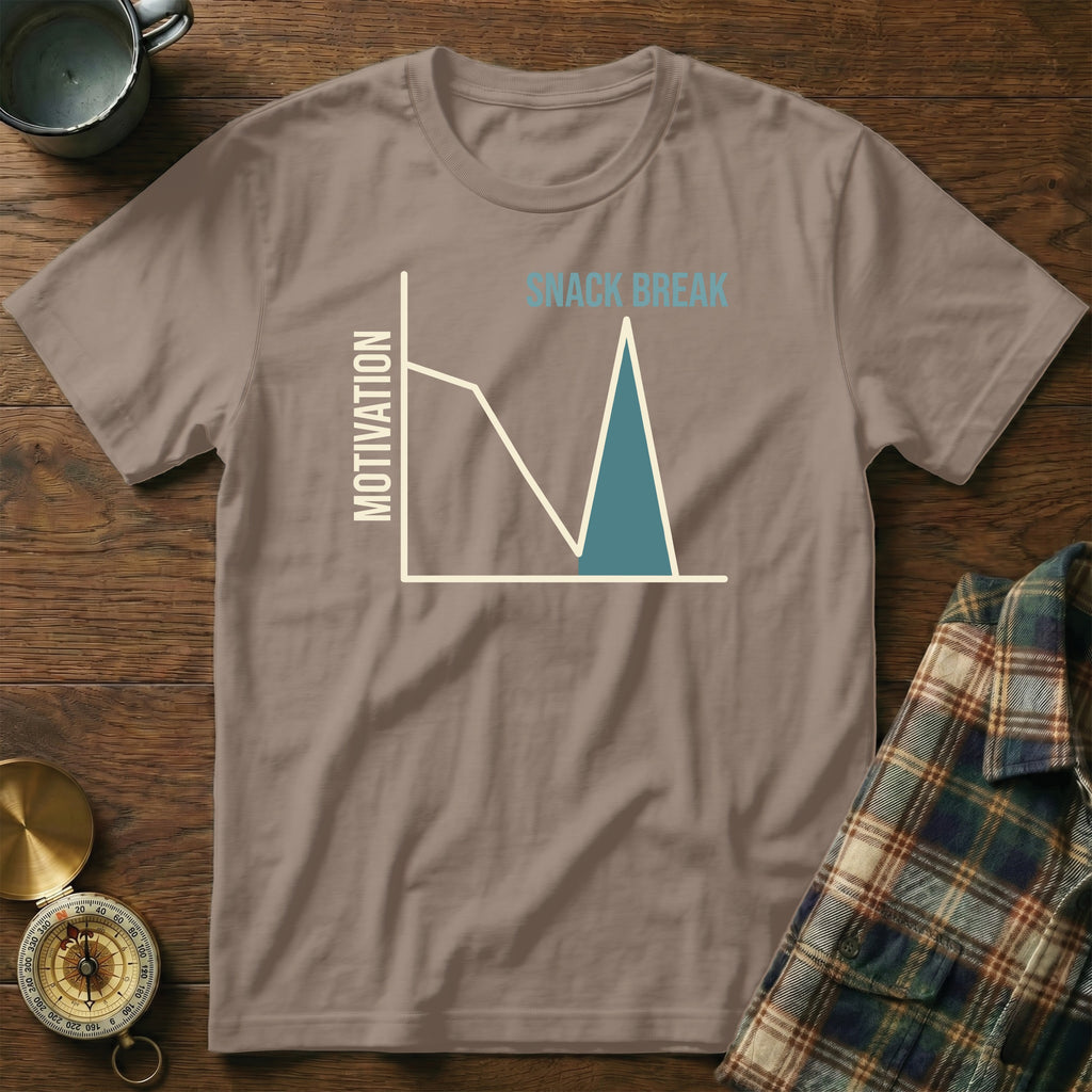 T-shirt with a graph showing motivation dipping for a "snack break".