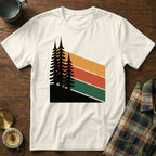 Cream t-shirt with abstract geometric forest design and colorful stripes.
