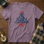Anchor and mountain graphic on muted purple t-shirt with nautical elements.