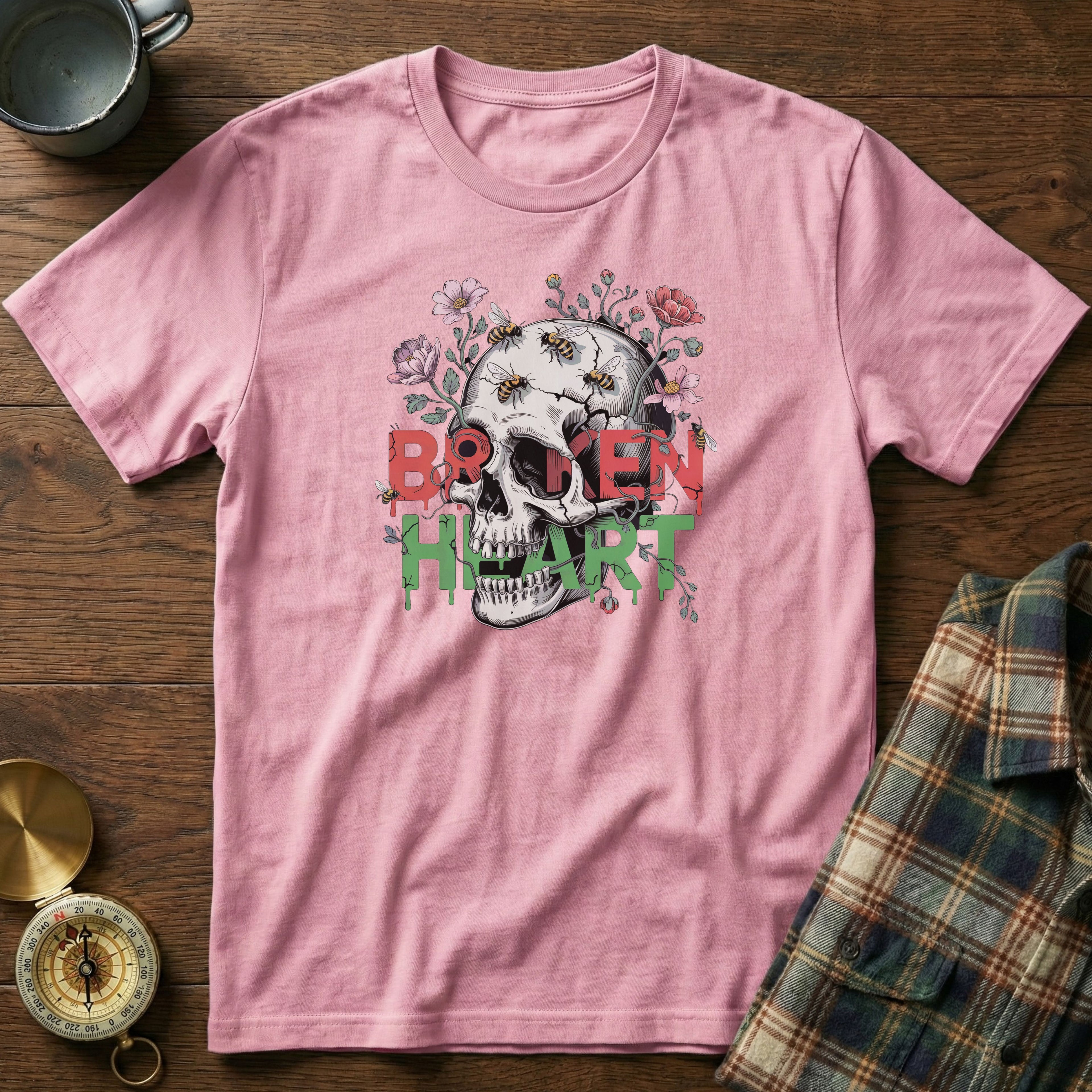 Broken Heart Skull Floral Goth T-Shirt