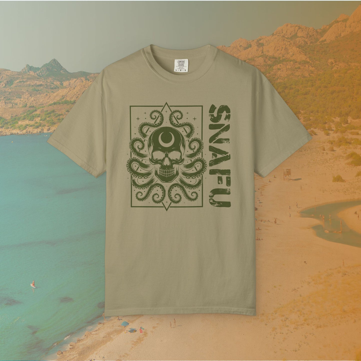 khaki Graphic T-shirt featuring a detailed skull with a crescent moon on its forehead and octopus tentacles emerging from it, next to the large, distressed text "SNAFU."