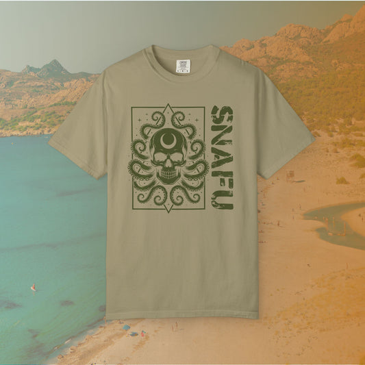 khaki Graphic T-shirt featuring a detailed skull with a crescent moon on its forehead and octopus tentacles emerging from it, next to the large, distressed text "SNAFU."