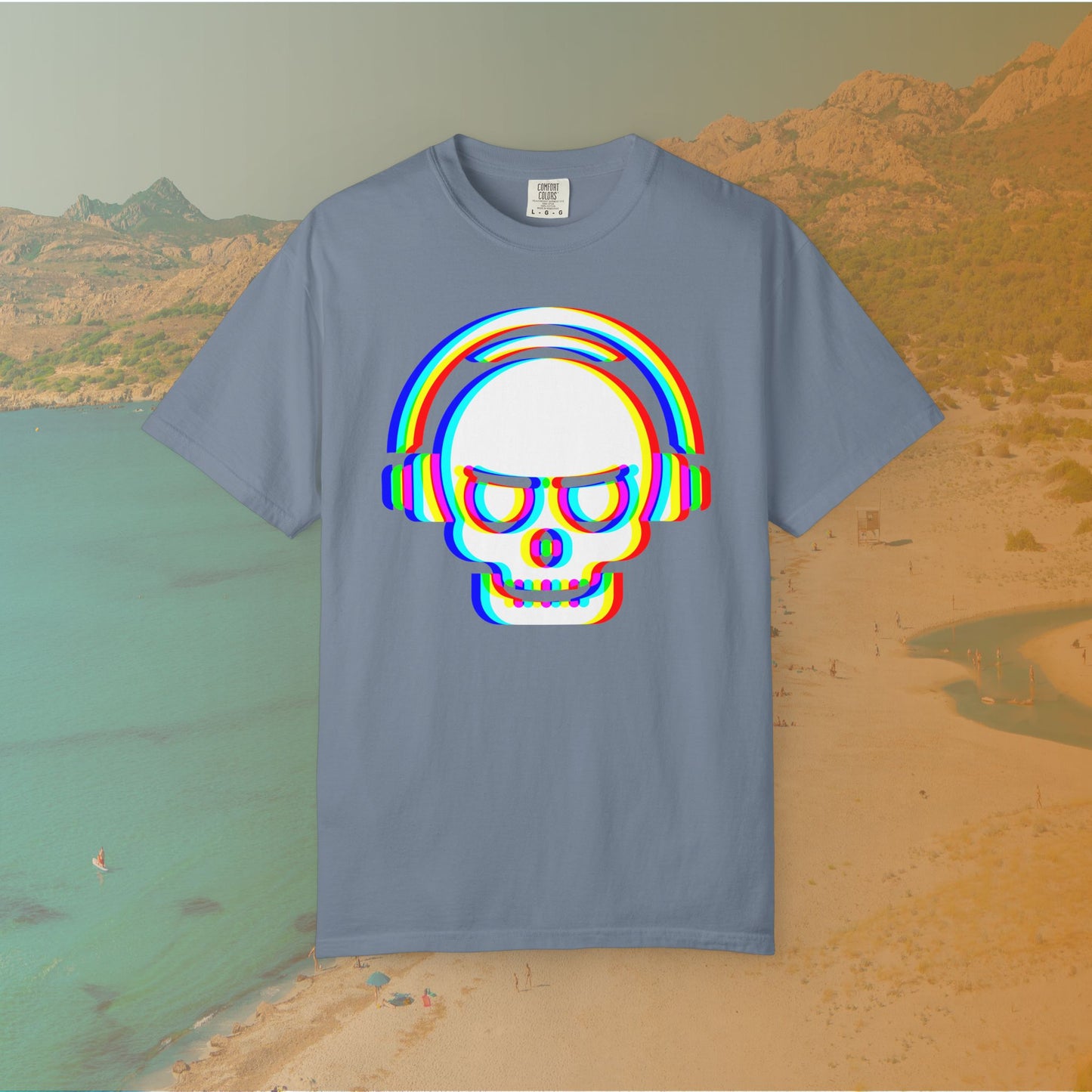 blue t-shirt with White EDM DJ skull graphic wearing headphones, rendered with an intense red, blue, and yellow (RGB) chromatic aberration or glitch effect 