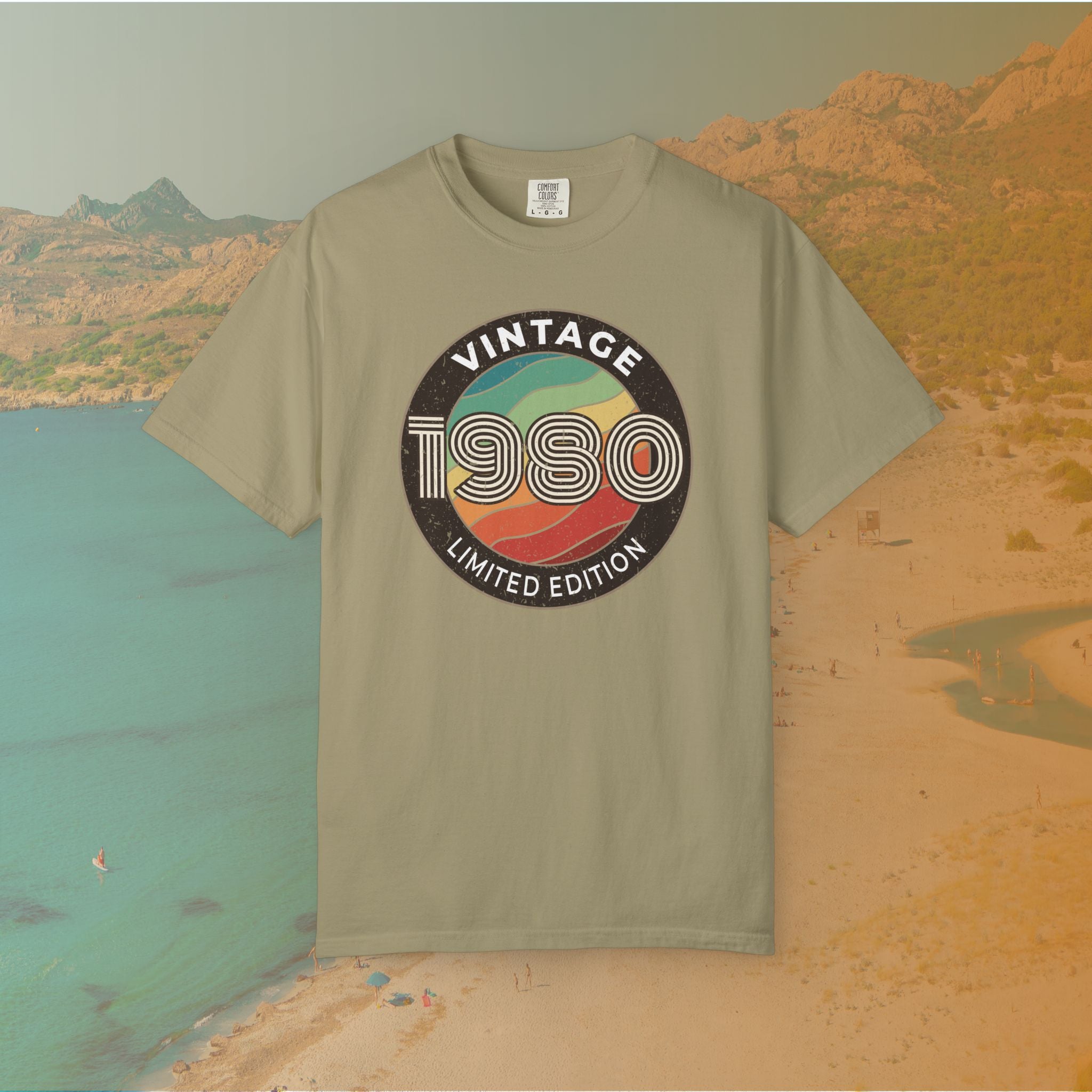 Khaki White Retro-style circular graphic featuring the year 1980 in a bold, lined font over a distressed, multi-colored wavy background. The outer border reads "VINTAGE" at the top and "LIMITED EDITION" at the bottom. 