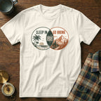 White t-shirt with graphic: "Sleep In (Regret)" on left, "Go Hiking" on right.