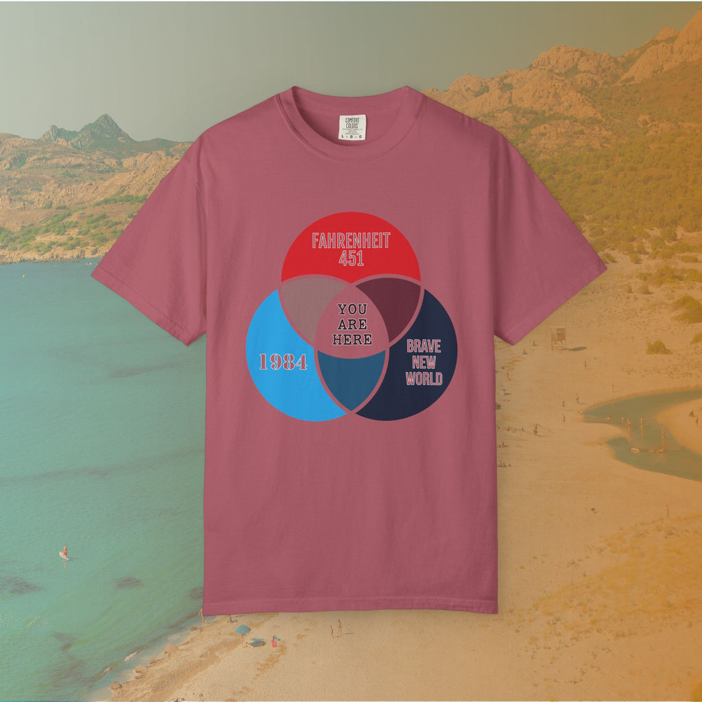 Dystopian Novels Venn Diagram T-Shirt | 1984, Fahrenheit 451, Brave New World Literary Tee