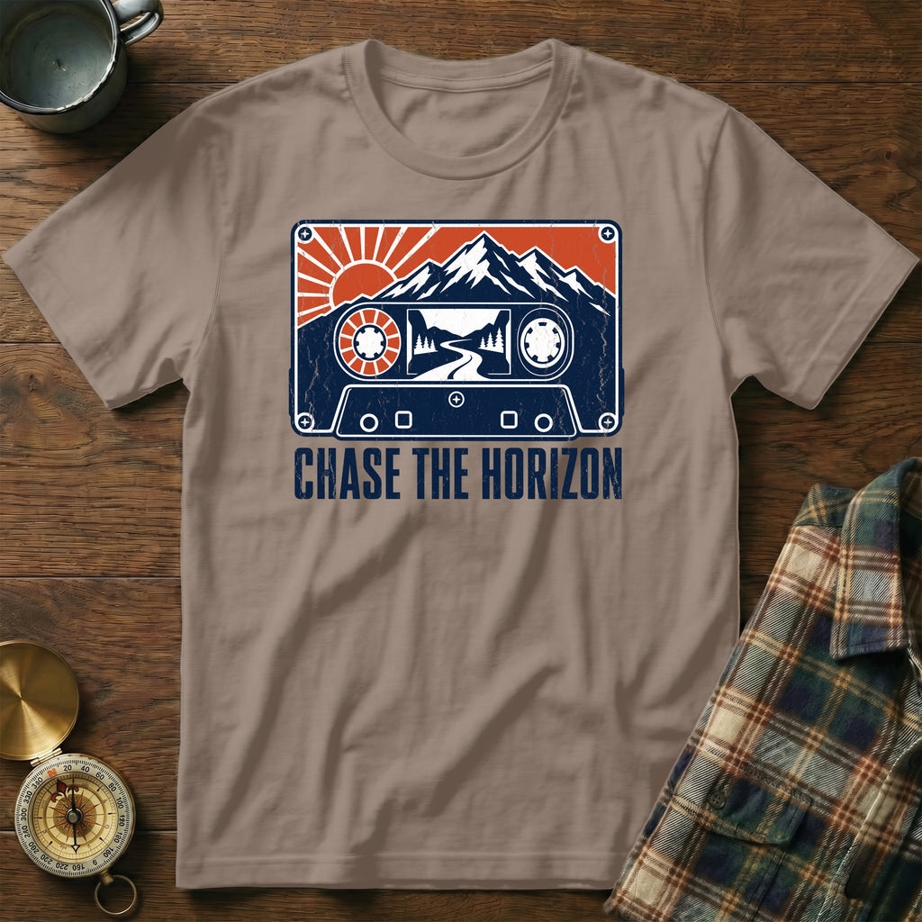 T-shirt with cassette tape graphic and "CHASE THE HORIZON" text.