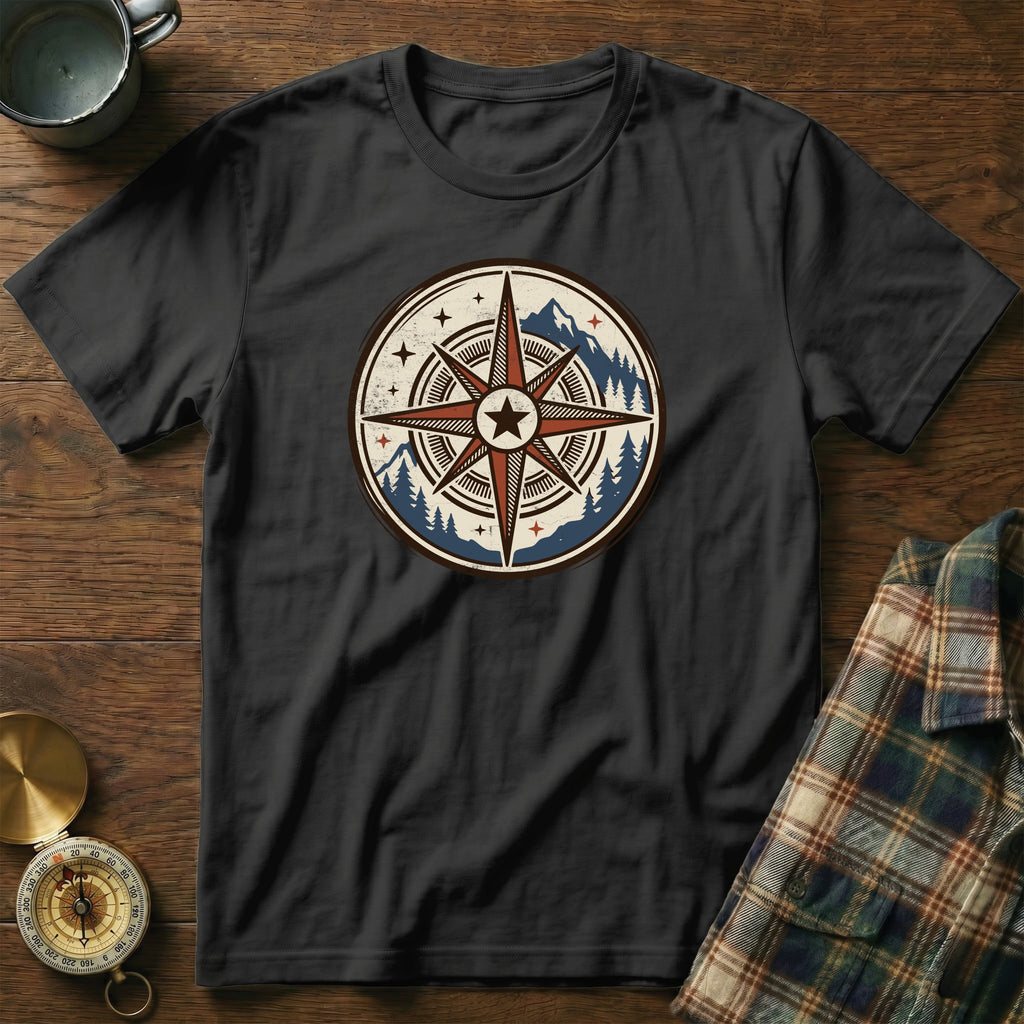 Black t-shirt featuring a distressed compass graphic with mountains and trees.