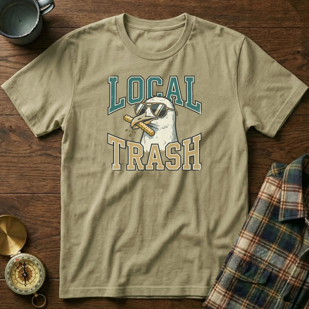 Local Trash Seagull Beach Humor T-shirt in Khaki