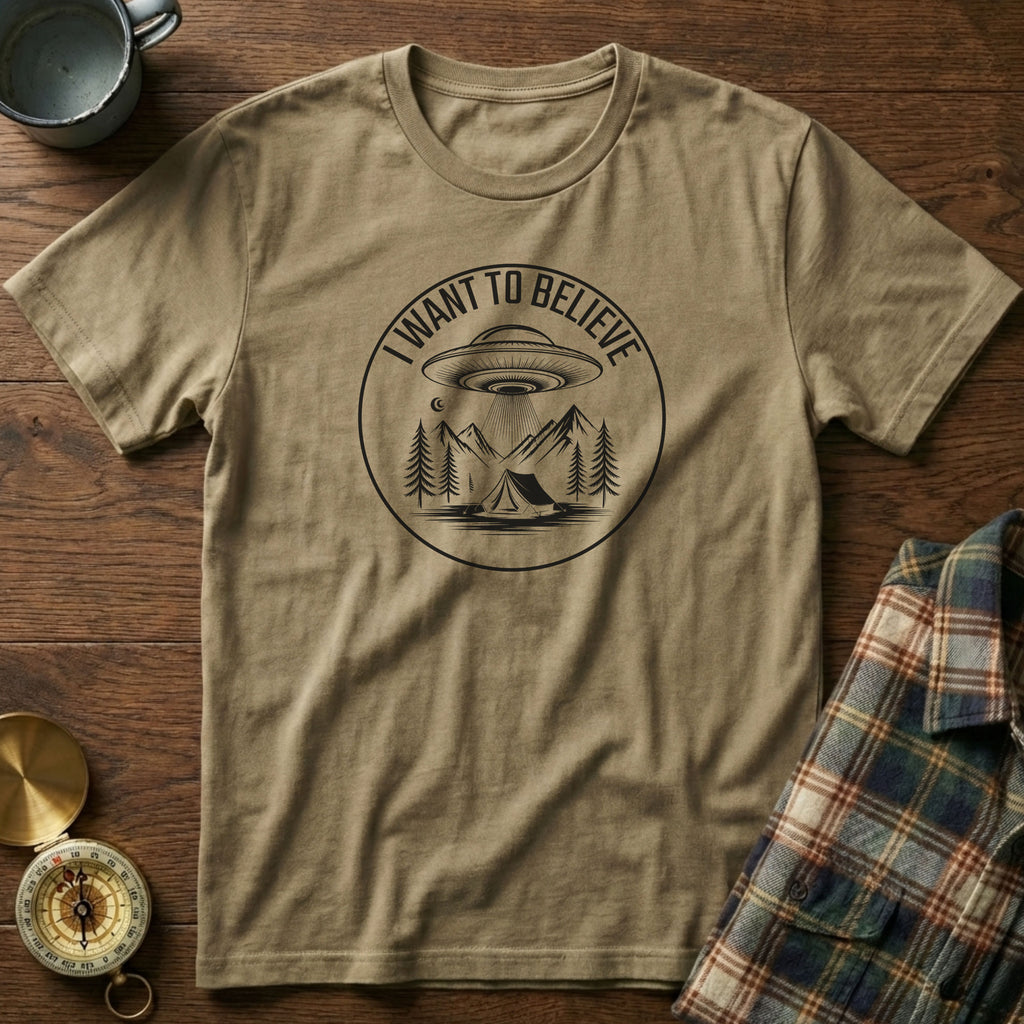 I WANT TO BELIEVE UFO Camping T-Shirt in Khaki