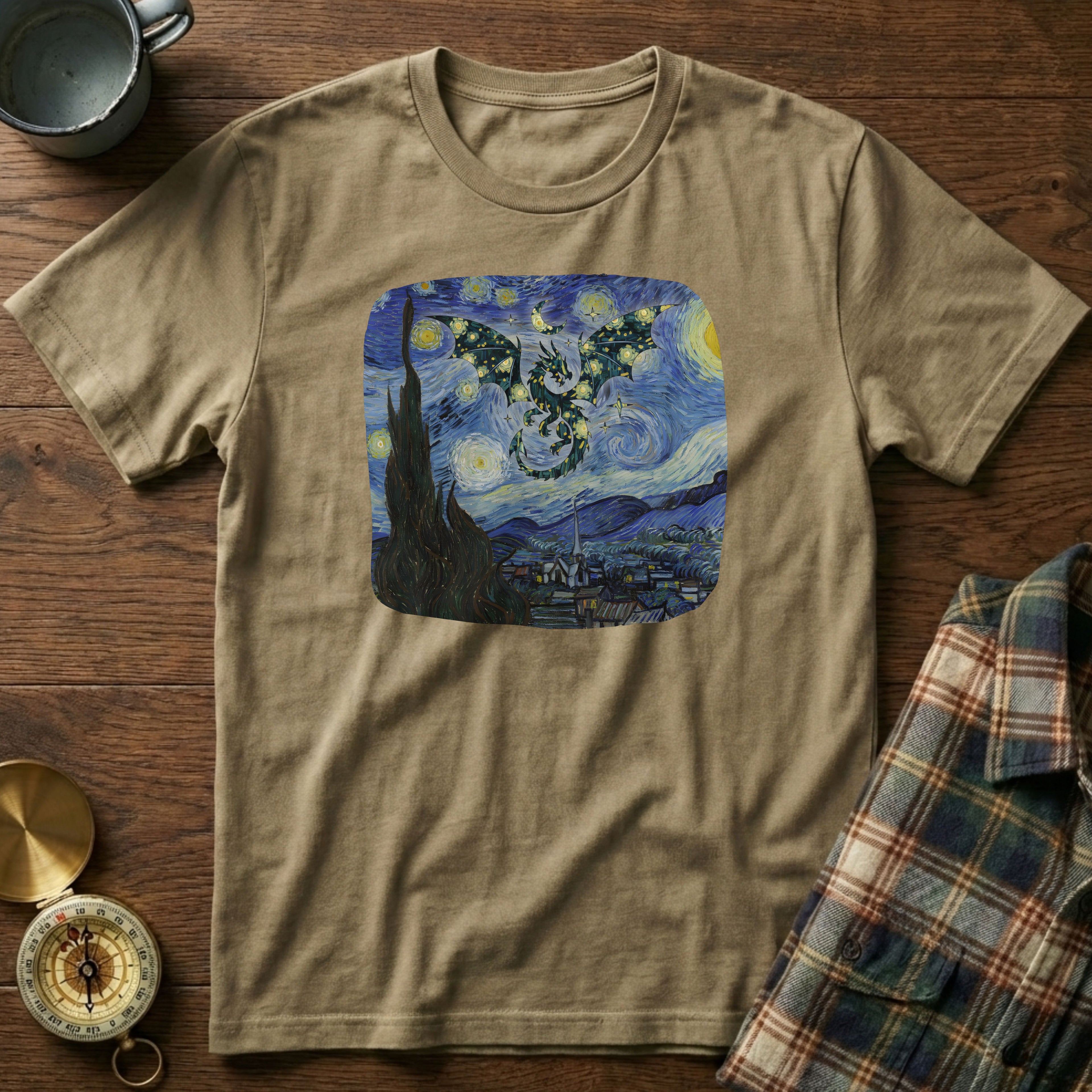 Dragon in Starry Night Van Gogh T-Shirt in Khaki