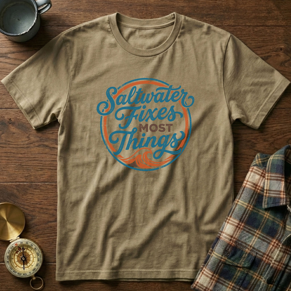 Coastal Retro 'Saltwater' Statement T-Shirt in Khaki