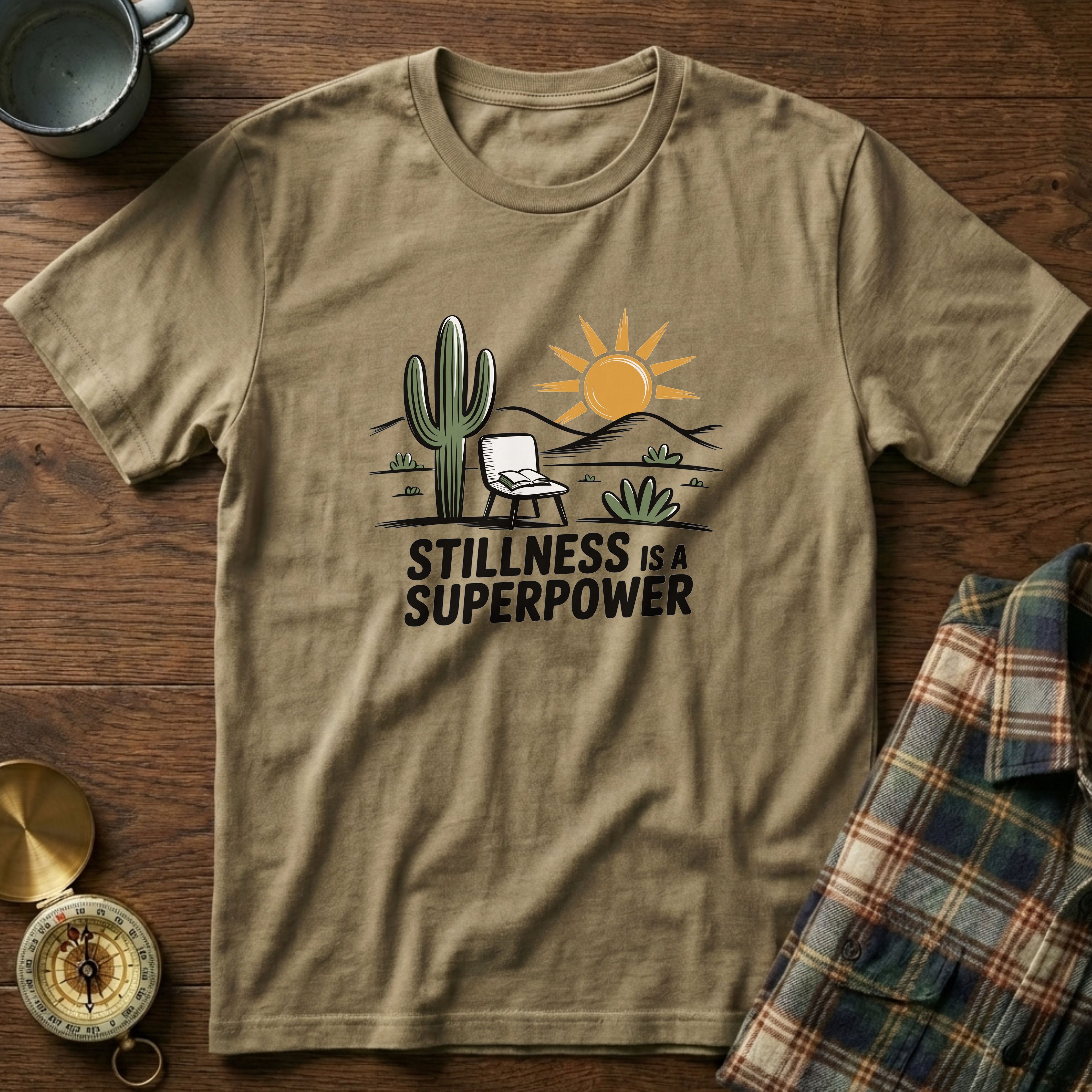 Mindful Cactus & Sun Scene T-Shirt in Khaki