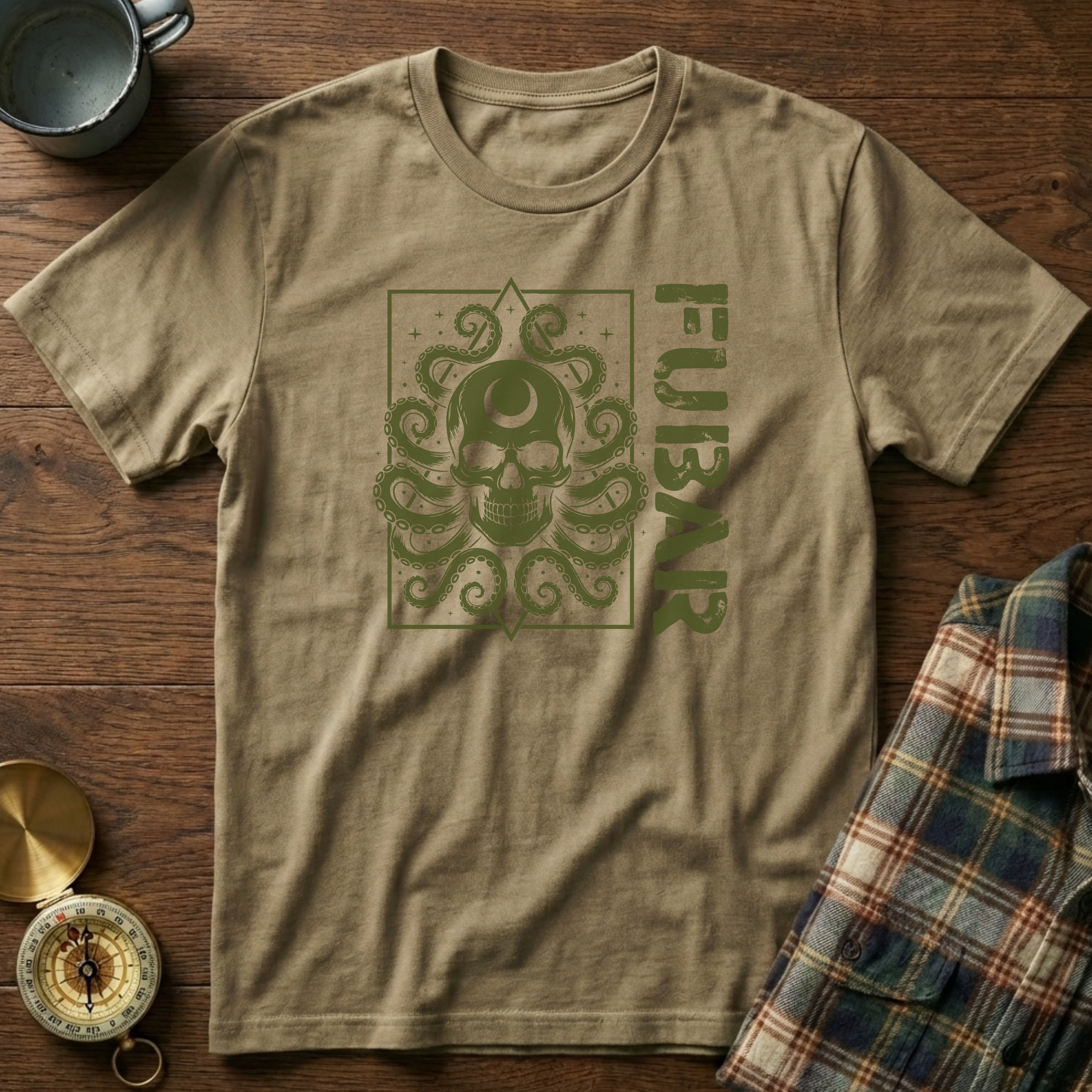 FUBAR Octopus Skull T-Shirt in Khaki