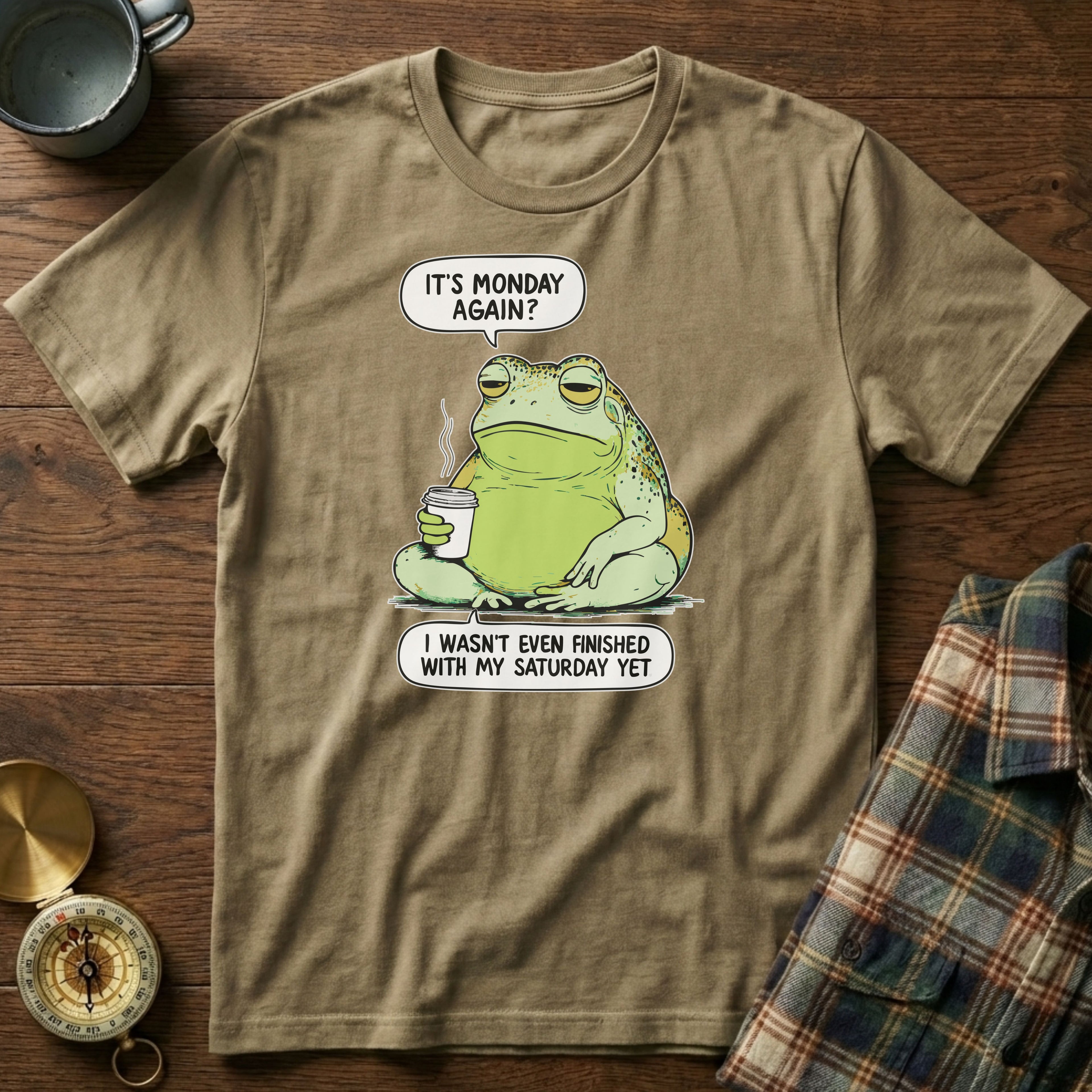 Funny Monday Frog Coffee T-Shirt in Khaki