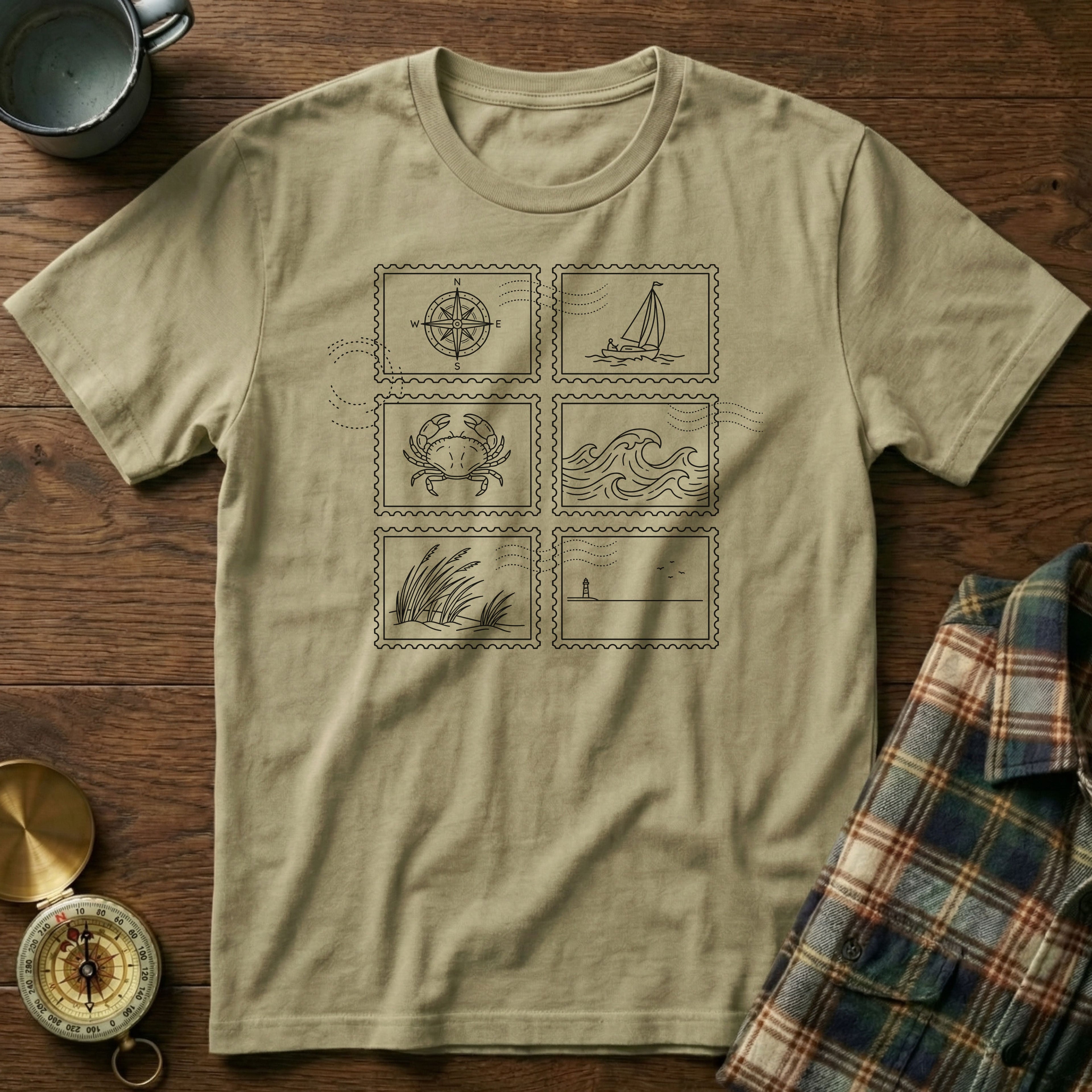Coastal Wanderer Stamp Collection T-shirt in Khaki