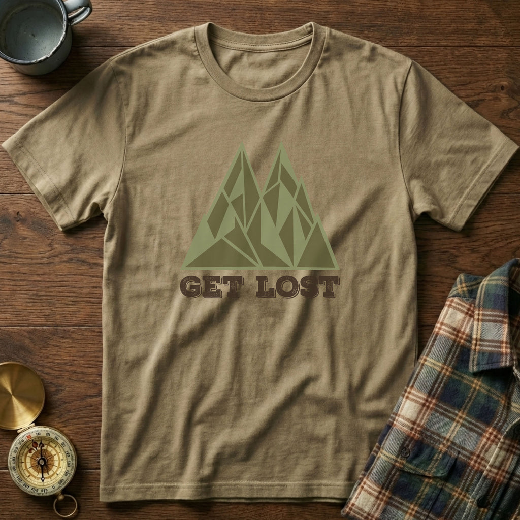 Get Lost Retro Geometric Mountain T-Shirt in Khaki