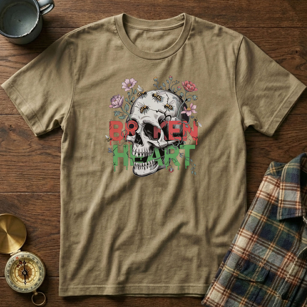Broken Heart Skull Floral Goth T-Shirt in Khaki