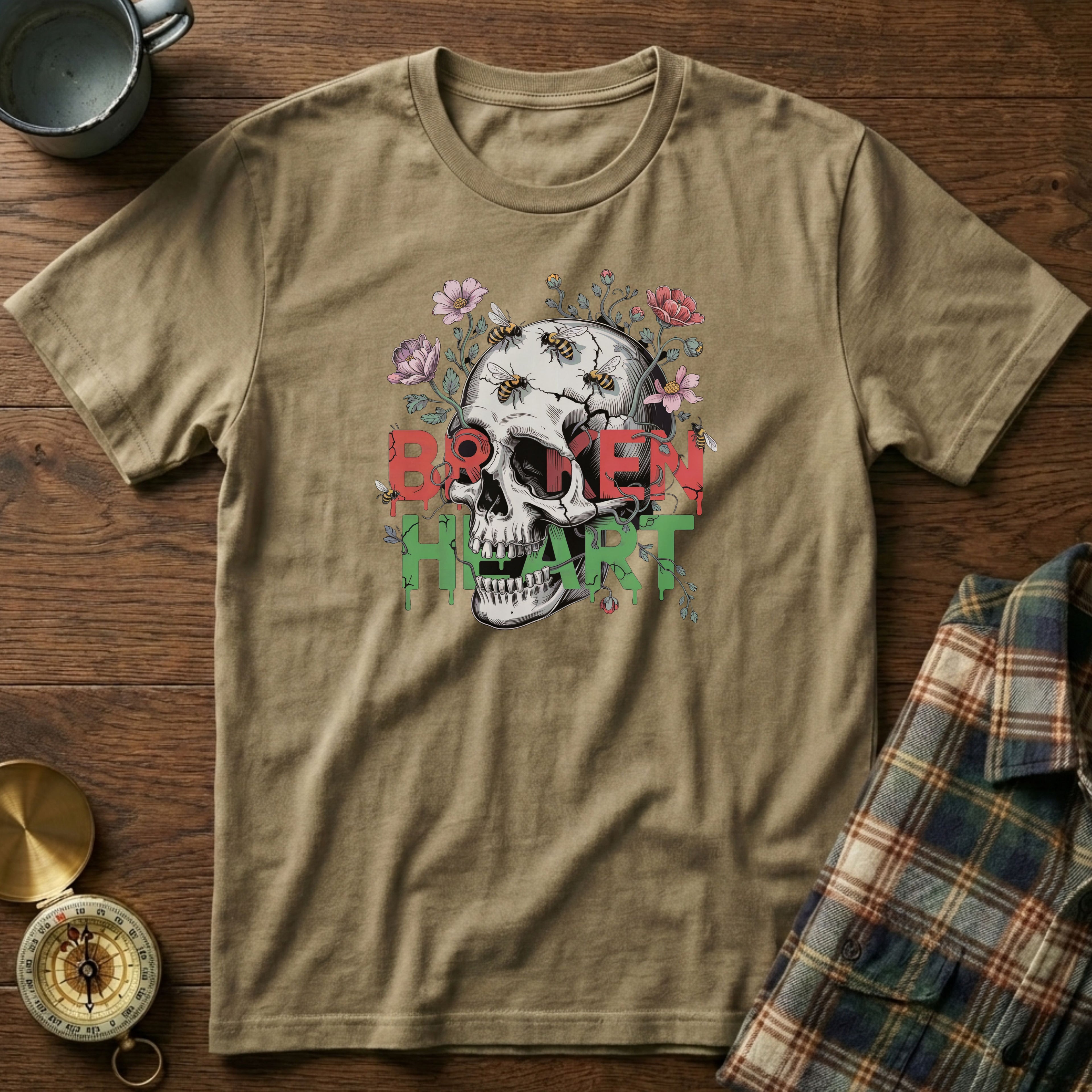 Broken Heart Skull Floral Goth T-Shirt in Khaki