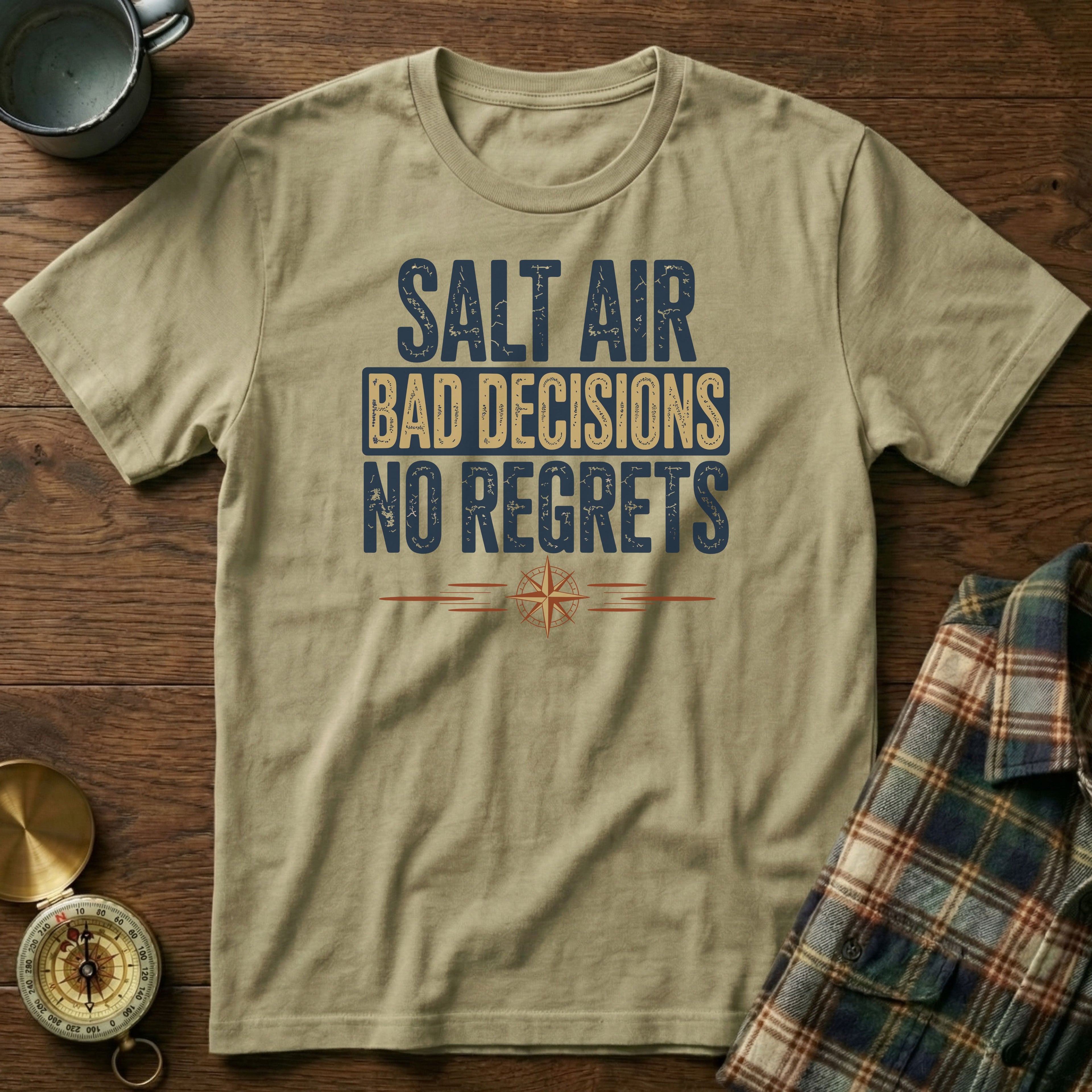 Salt Air Bad Decisions No Regrets Nautical T-Shirt in Khaki