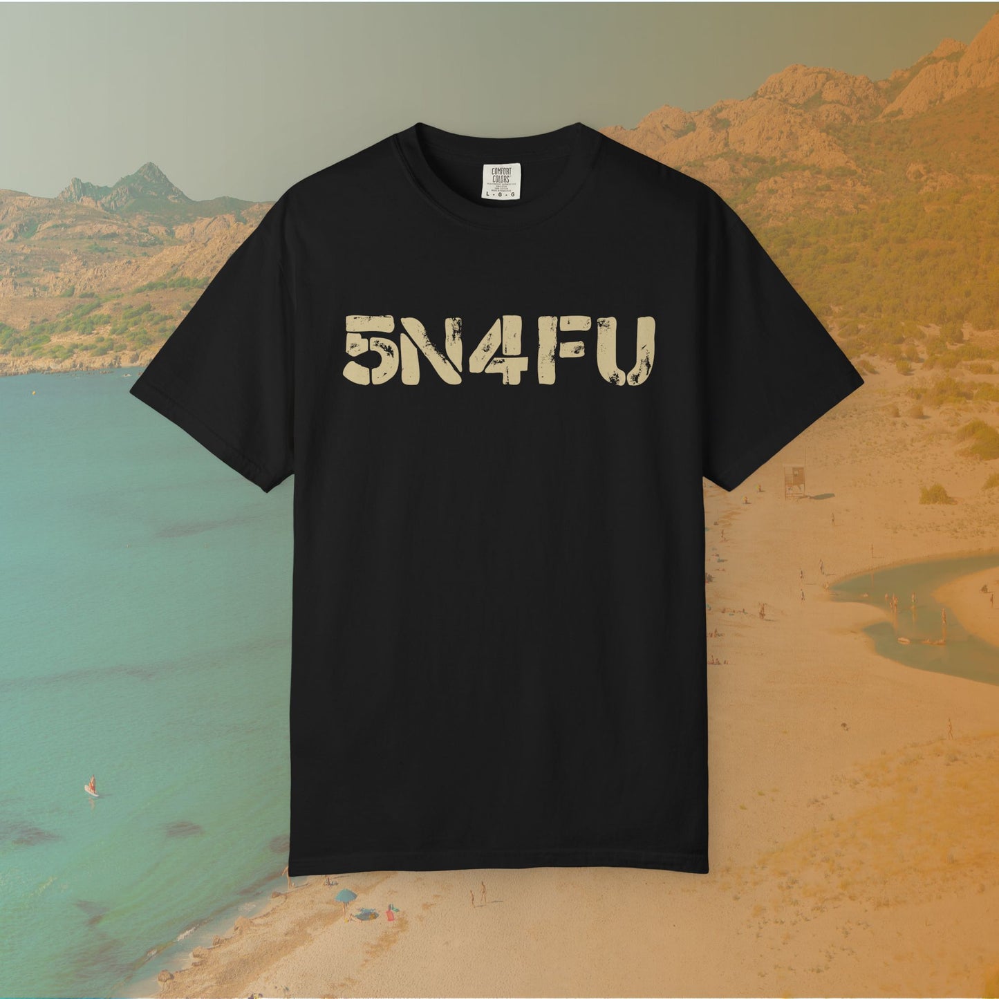 black t-shirt Graphic T-shirt featuring large, distressed stencil text reading the l33t-speak version of SNAFU: "5N4FU" on a dark background.