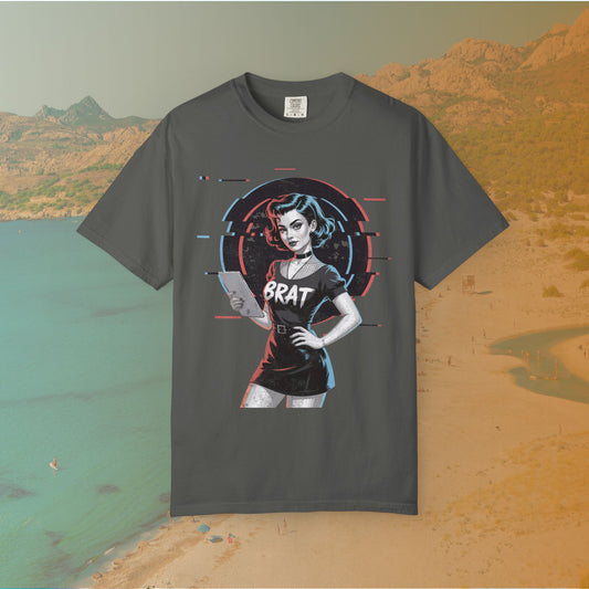 Cyberpunk BRAT Glitch Art Pinup Girl T-Shirt | Retro Pin Up Sassy Slogan Dark Goth