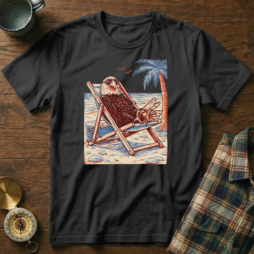 Bald eagle with sunglasses reclines in a beach chair under a palm tree.